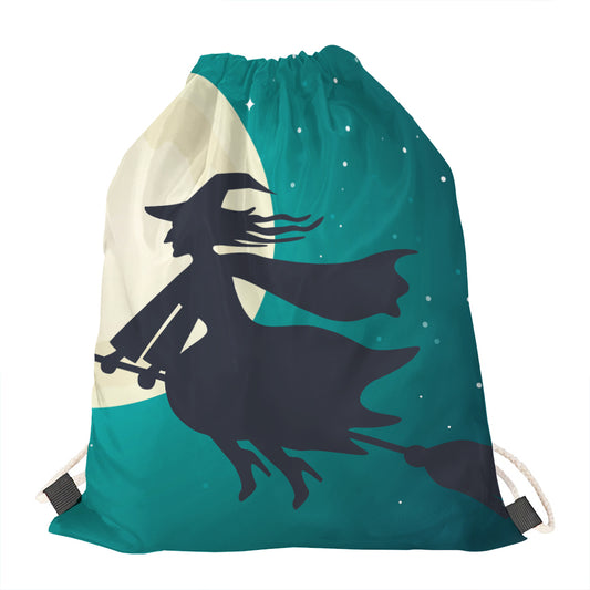Full Moon Halloween Flying Witch Print Drawstring Bag