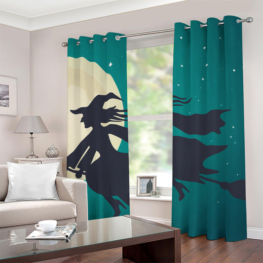 Full Moon Halloween Flying Witch Print Grommet Curtains