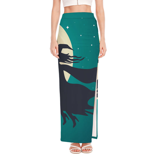 Full Moon Halloween Flying Witch Print High Slit Maxi Skirt