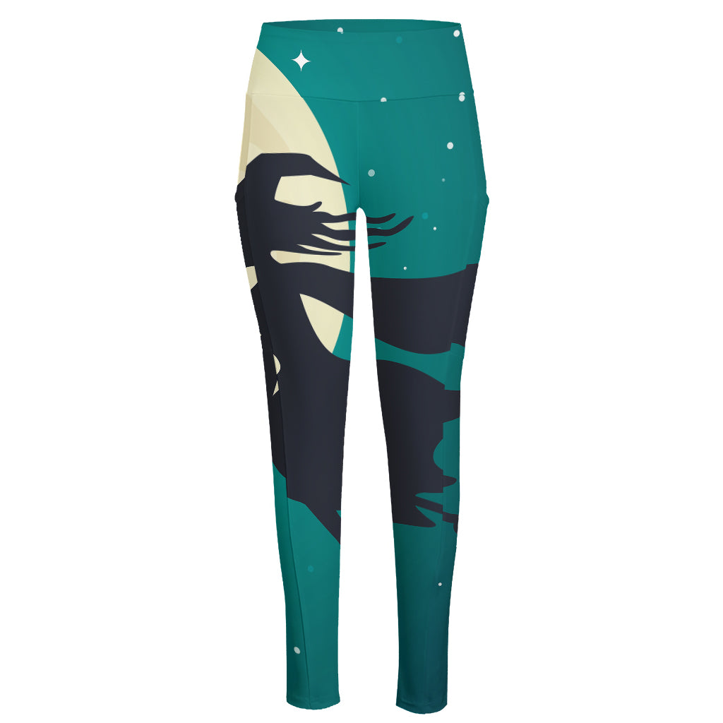 Full Moon Halloween Flying Witch Print High-Waisted Pocket Leggings