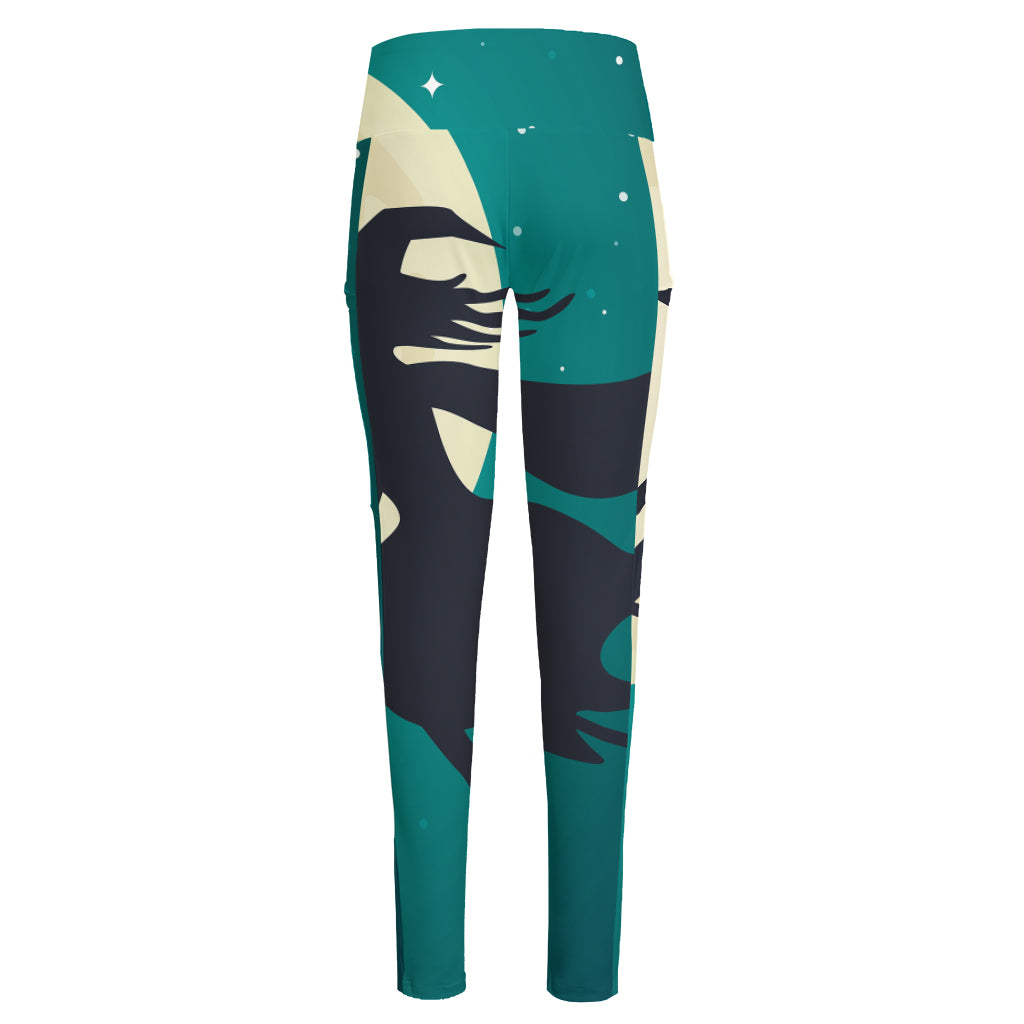 Full Moon Halloween Flying Witch Print High-Waisted Pocket Leggings