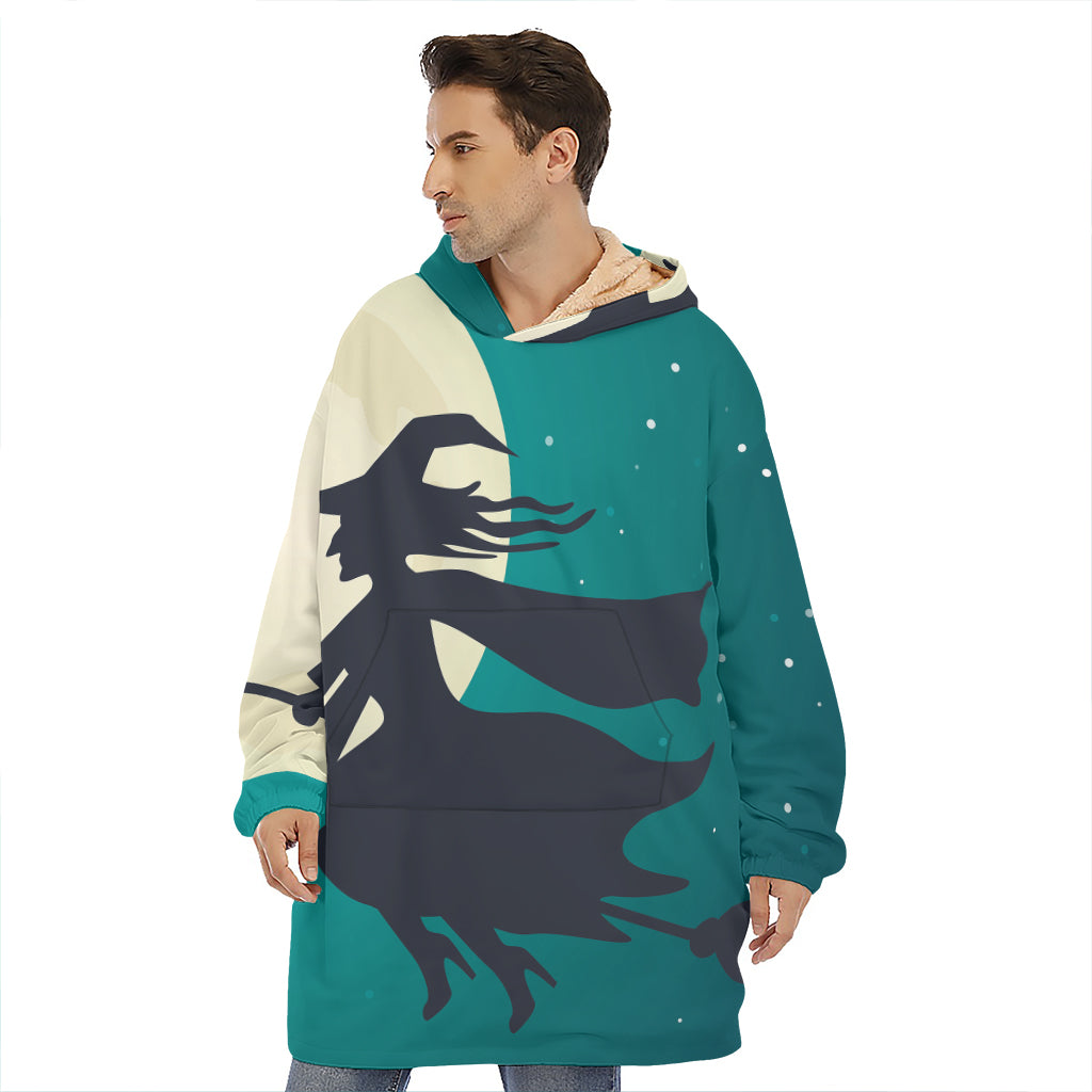 Full Moon Halloween Flying Witch Print Hoodie Blanket