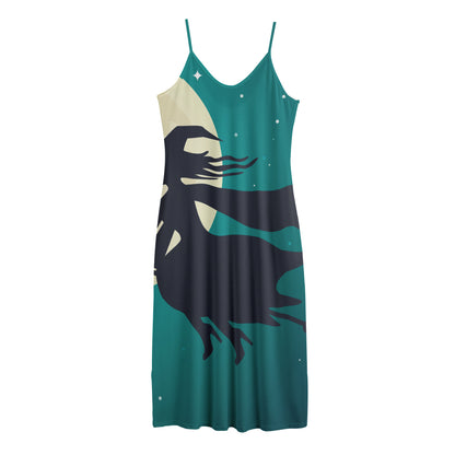 Full Moon Halloween Flying Witch Print Jersey Midi Cami Dress