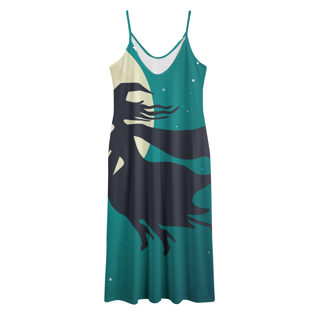Full Moon Halloween Flying Witch Print Jersey Midi Cami Dress