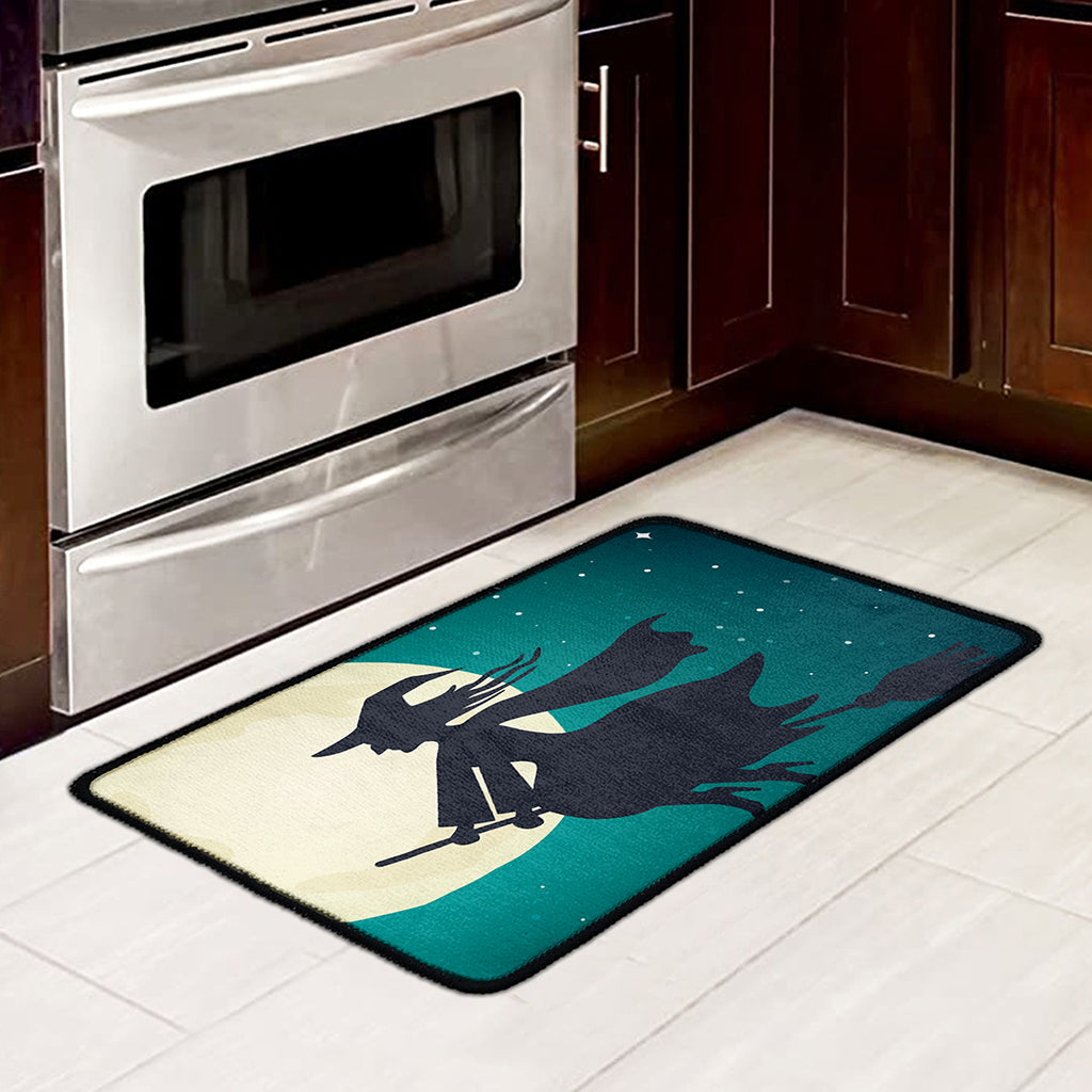 Full Moon Halloween Flying Witch Print Kitchen Mat