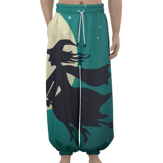Full Moon Halloween Flying Witch Print Lantern Pants