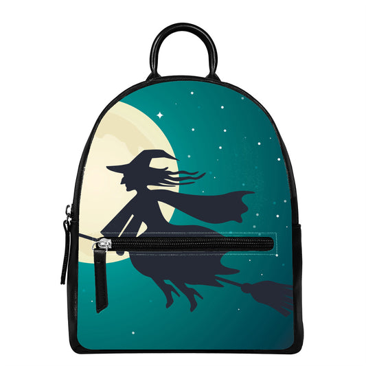 Full Moon Halloween Flying Witch Print Leather Backpack