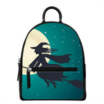 Full Moon Halloween Flying Witch Print Leather Backpack