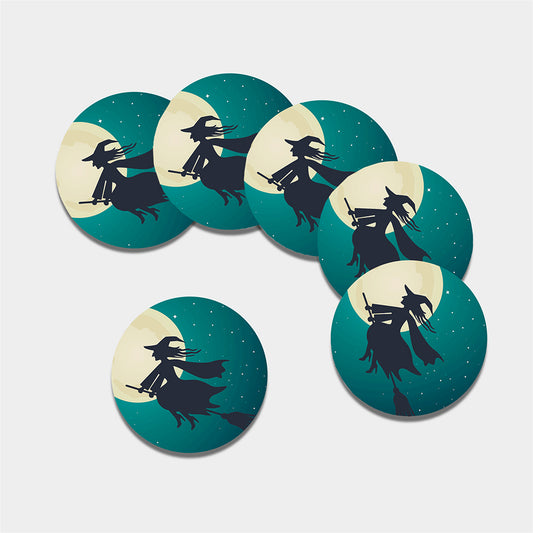 Full Moon Halloween Flying Witch Print Leather Coaster Set