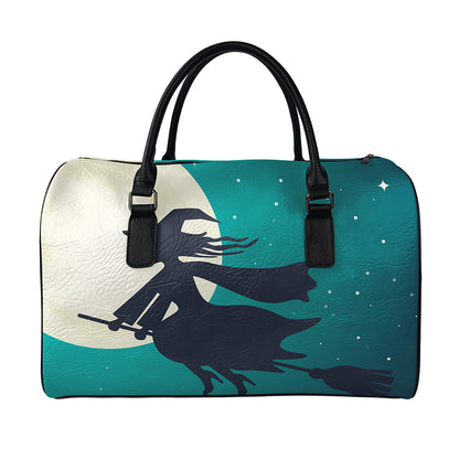 Full Moon Halloween Flying Witch Print Leather Duffle Bag