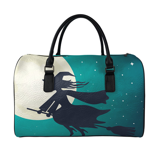 Full Moon Halloween Flying Witch Print Leather Duffle Bag