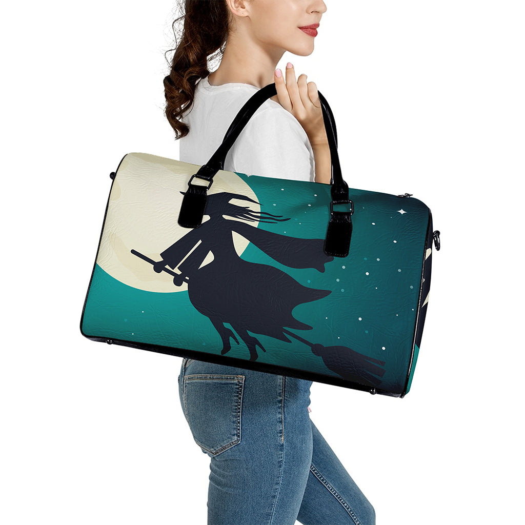 Full Moon Halloween Flying Witch Print Leather Duffle Bag