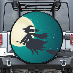 Full Moon Halloween Flying Witch Print Leather Spare Tire Cover