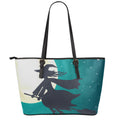 Full Moon Halloween Flying Witch Print Leather Tote Bag With Zipper
