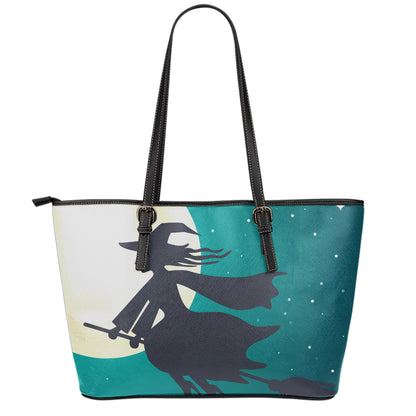 Full Moon Halloween Flying Witch Print Leather Tote Bag