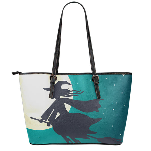 Full Moon Halloween Flying Witch Print Leather Tote Bag