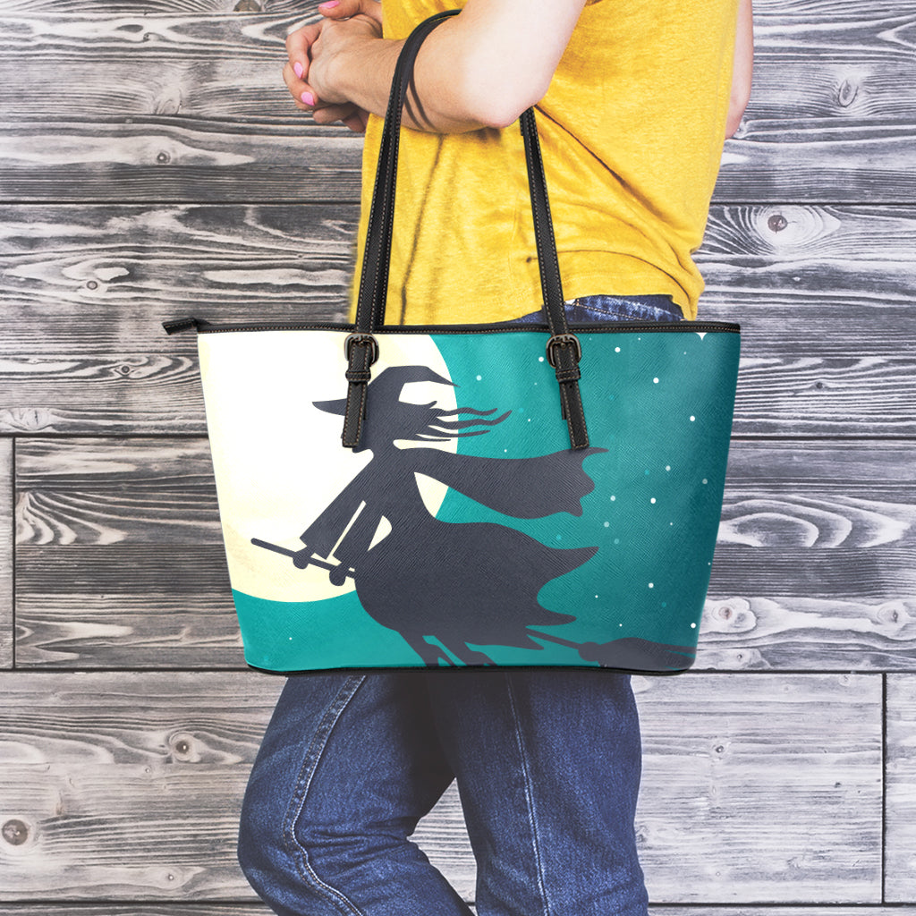Full Moon Halloween Flying Witch Print Leather Tote Bag