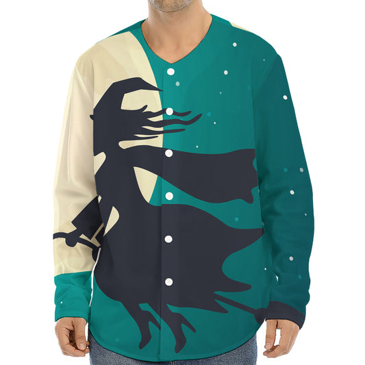 Full Moon Halloween Flying Witch Print Long Sleeve Baseball Jersey