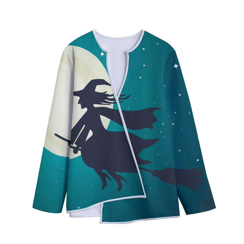 Full Moon Halloween Flying Witch Print Long Sleeve Short Coat