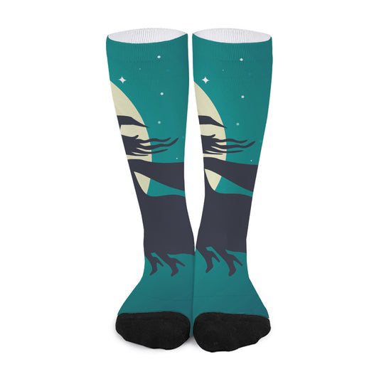 Full Moon Halloween Flying Witch Print Long Socks