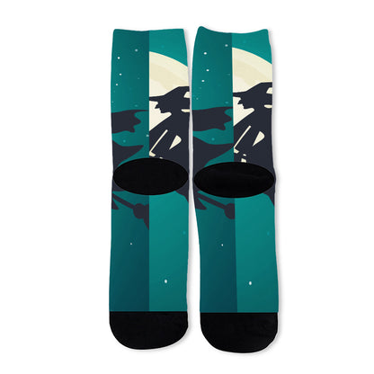 Full Moon Halloween Flying Witch Print Long Socks