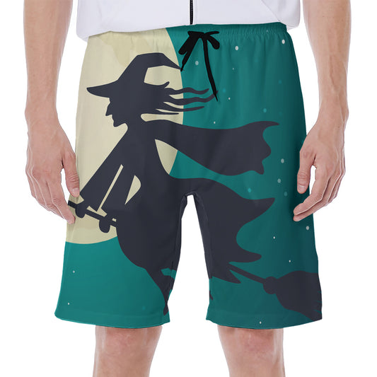 Full Moon Halloween Flying Witch Print Men's Beach Shorts