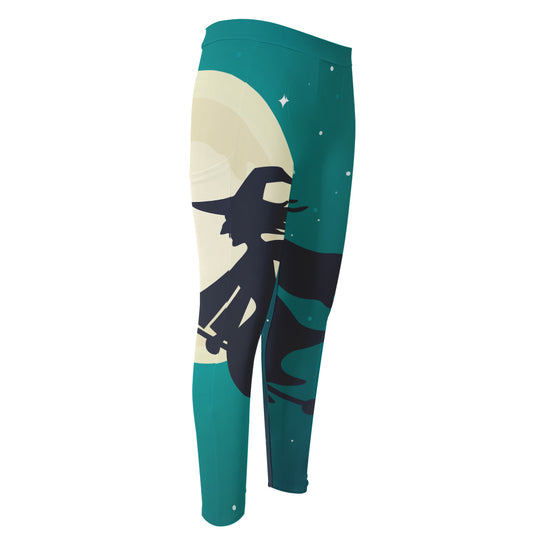 Full Moon Halloween Flying Witch Print Men's Compression Pants