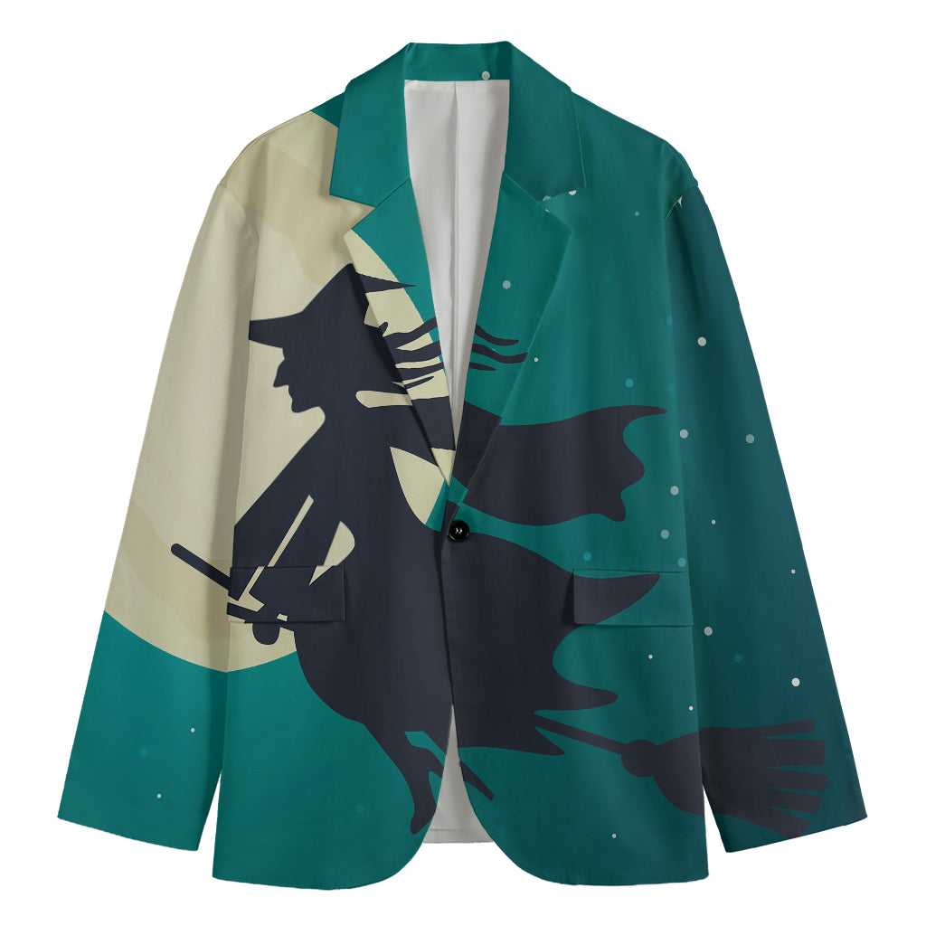 Full Moon Halloween Flying Witch Print Men's Cotton Blazer