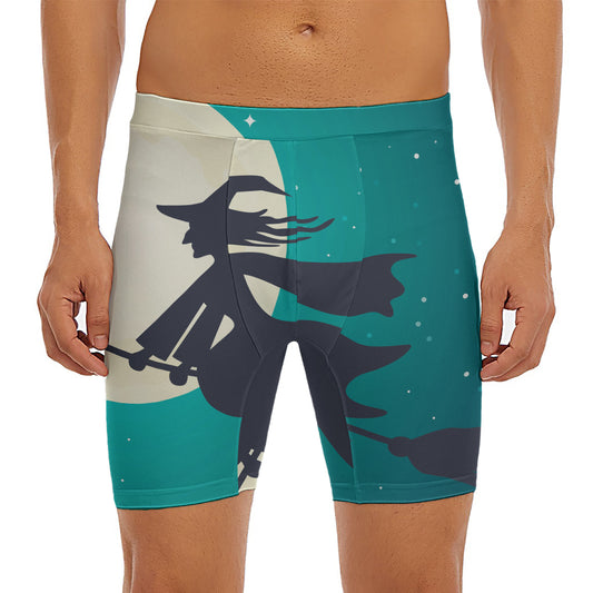 Full Moon Halloween Flying Witch Print Men's Long Boxer Briefs