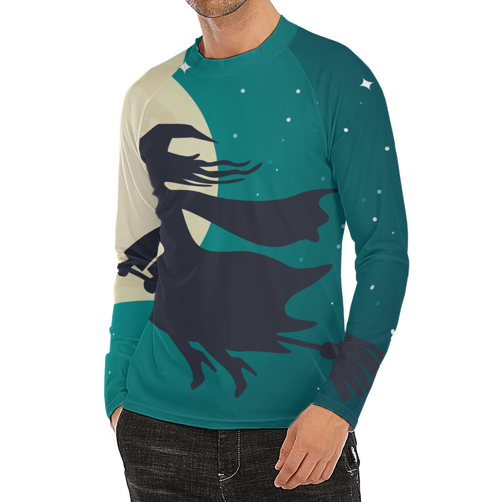 Full Moon Halloween Flying Witch Print Men's Long Sleeve Rash Guard