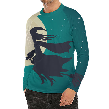 Full Moon Halloween Flying Witch Print Men's Long Sleeve Rash Guard