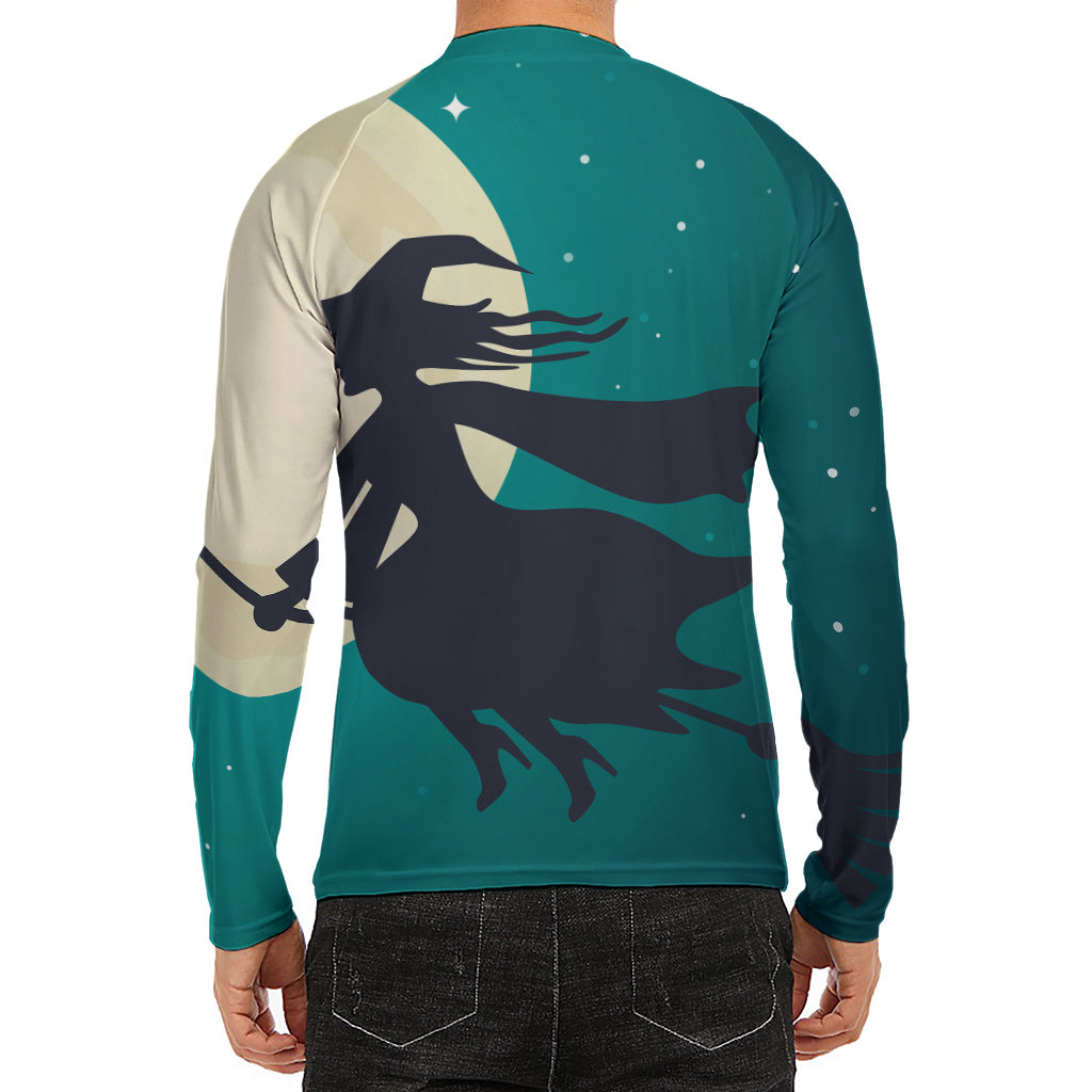 Full Moon Halloween Flying Witch Print Men's Long Sleeve Rash Guard