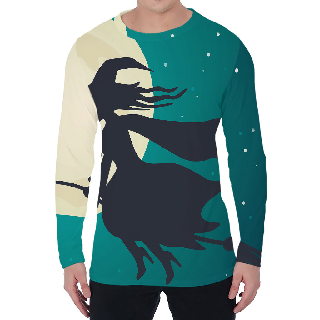 Full Moon Halloween Flying Witch Print Men's Long Sleeve T-Shirt
