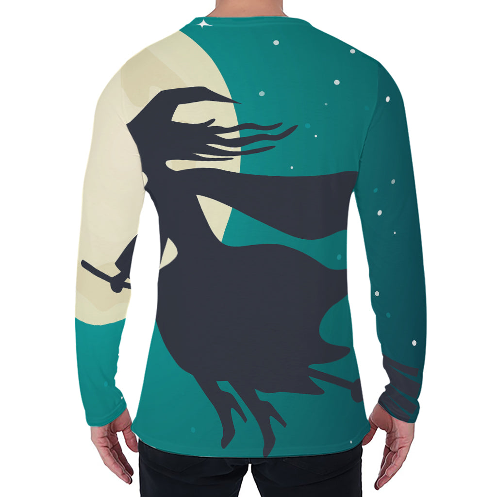 Full Moon Halloween Flying Witch Print Men's Long Sleeve T-Shirt