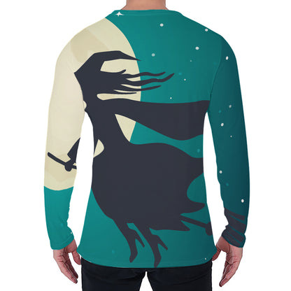 Full Moon Halloween Flying Witch Print Men's Long Sleeve T-Shirt