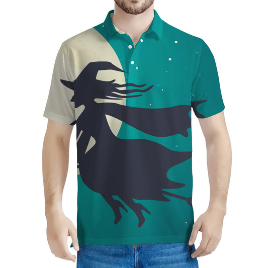 Full Moon Halloween Flying Witch Print Men's Polo Shirt