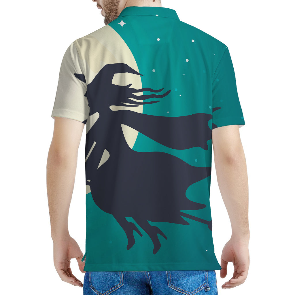 Full Moon Halloween Flying Witch Print Men's Polo Shirt