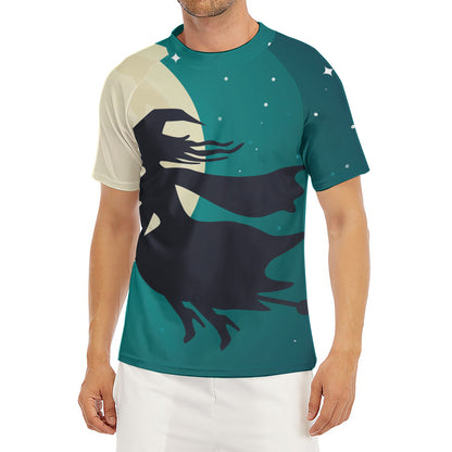 Full Moon Halloween Flying Witch Print Men's Short Sleeve Rash Guard