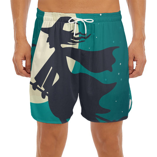 Full Moon Halloween Flying Witch Print Men's Split Running Shorts