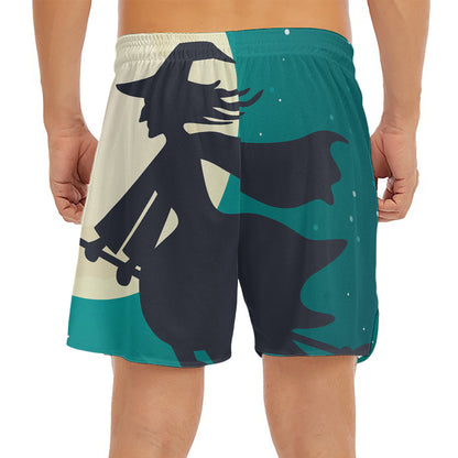 Full Moon Halloween Flying Witch Print Men's Split Running Shorts