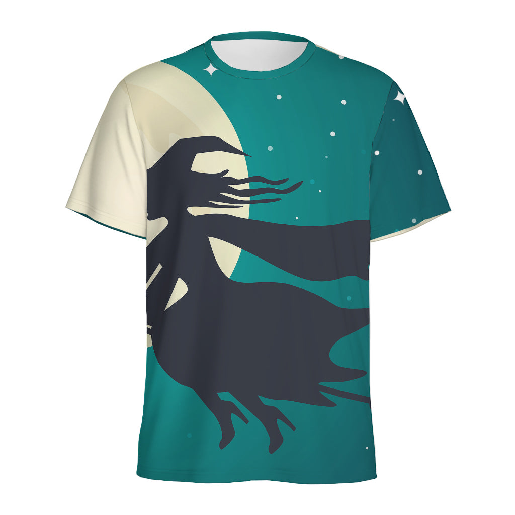 Full Moon Halloween Flying Witch Print Men's Sports T-Shirt
