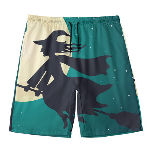 Full Moon Halloween Flying Witch Print Men's Swim Trunks