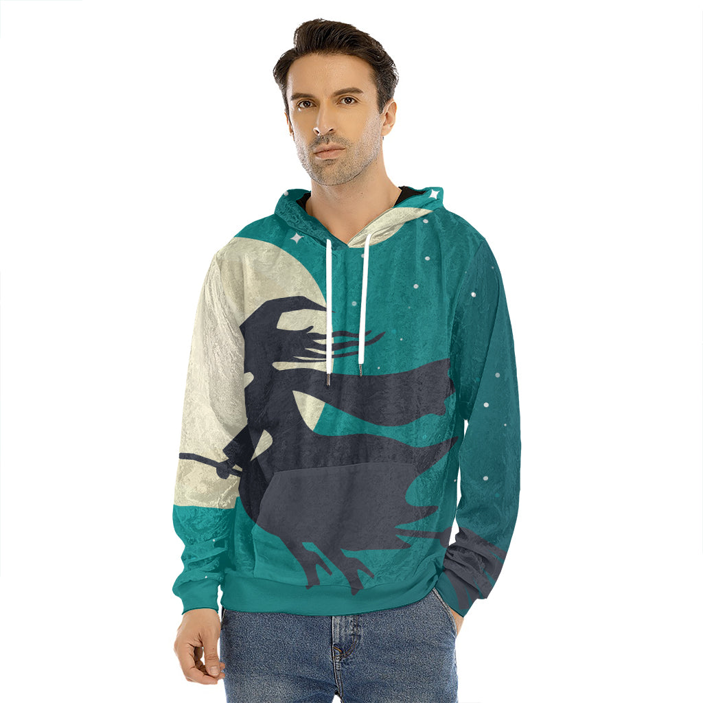Full Moon Halloween Flying Witch Print Men's Velvet Pullover Hoodie