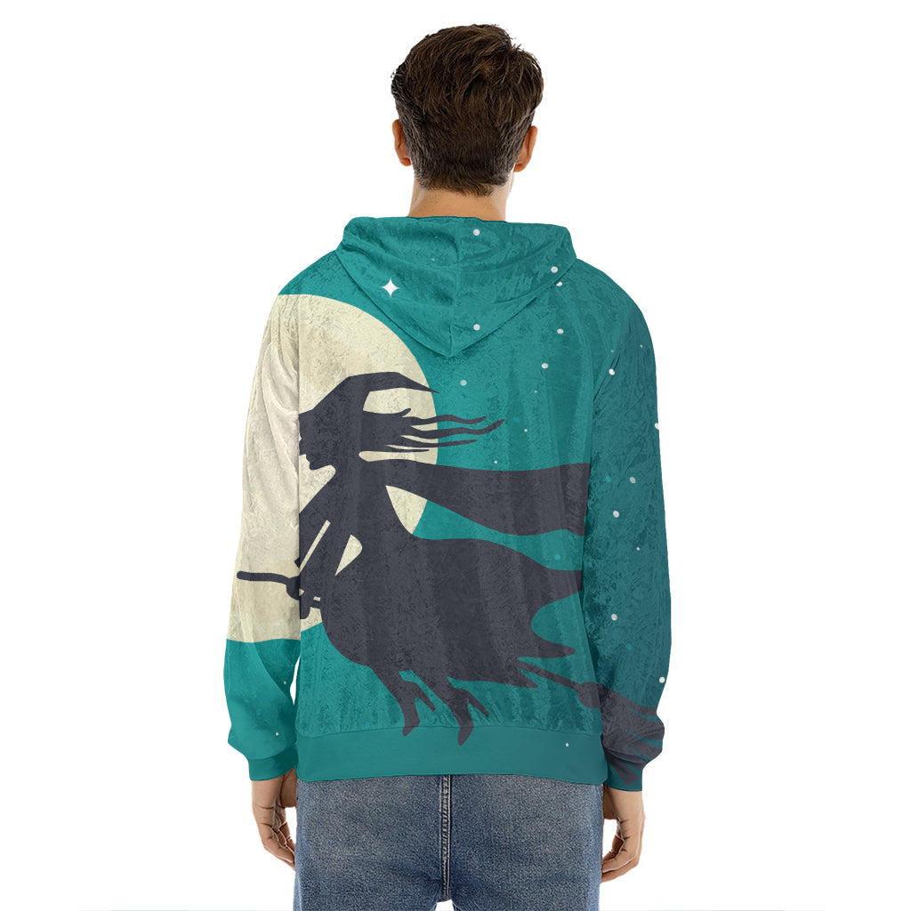 Full Moon Halloween Flying Witch Print Men's Velvet Pullover Hoodie