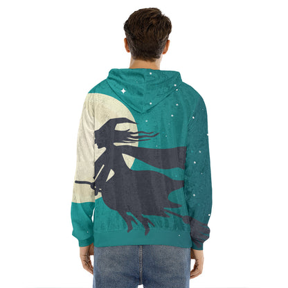 Full Moon Halloween Flying Witch Print Men's Velvet Pullover Hoodie