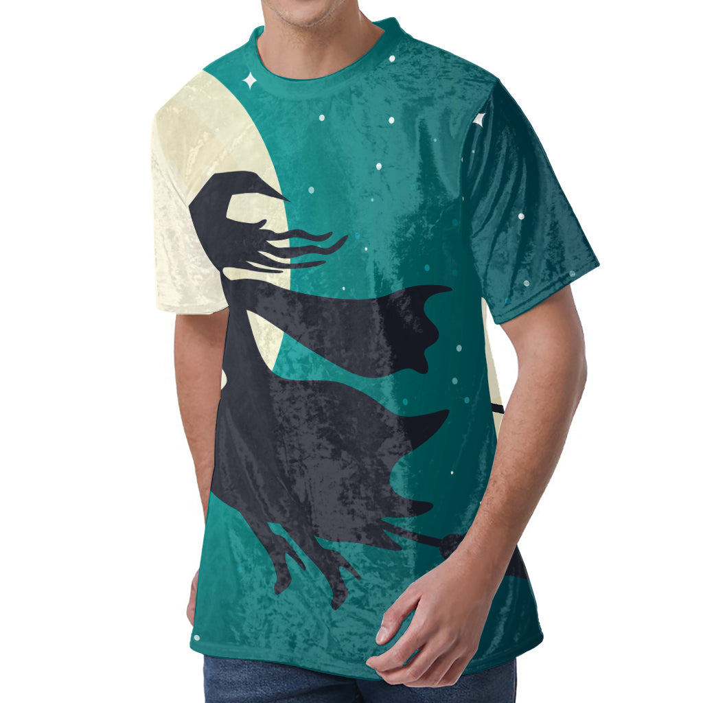 Full Moon Halloween Flying Witch Print Men's Velvet T-Shirt