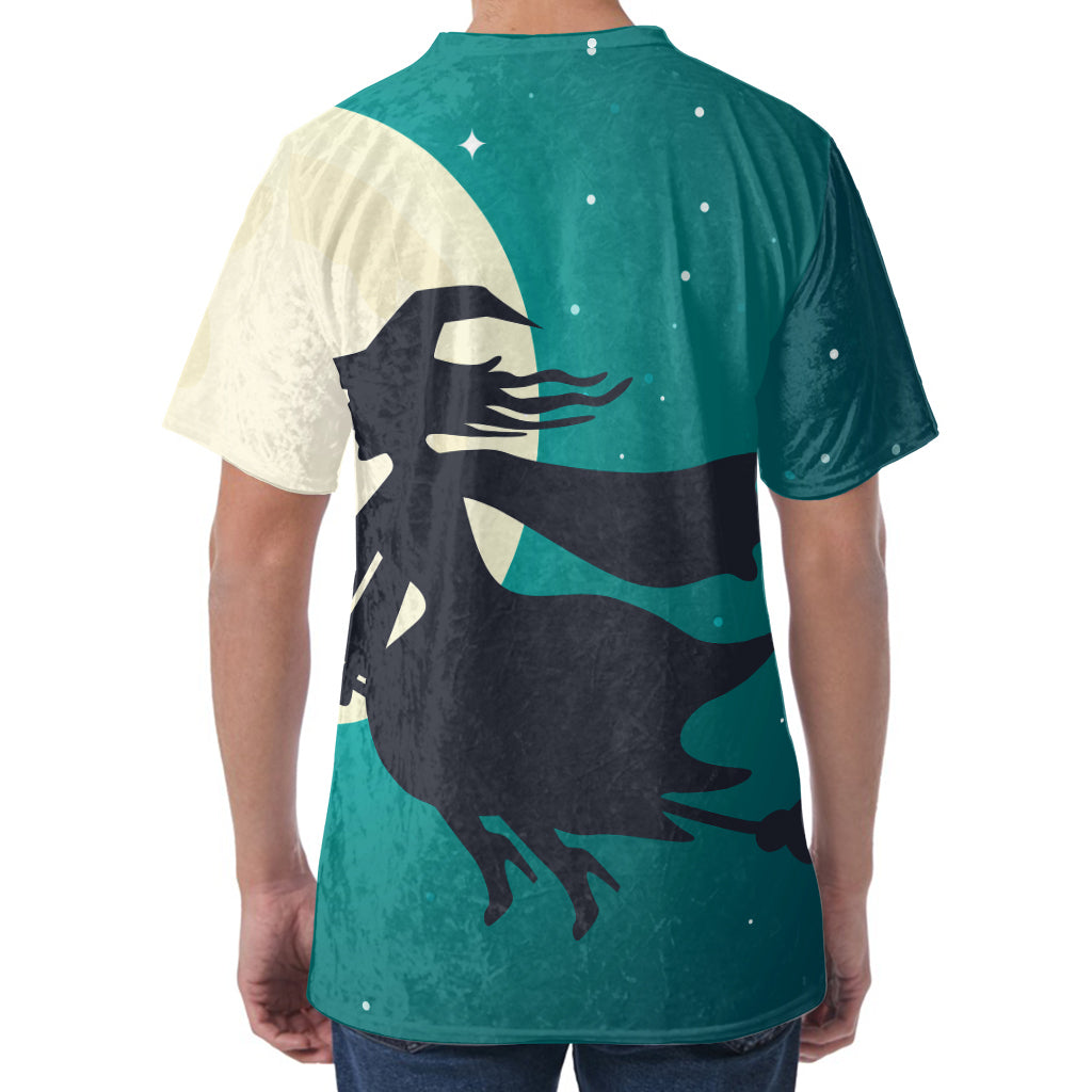 Full Moon Halloween Flying Witch Print Men's Velvet T-Shirt