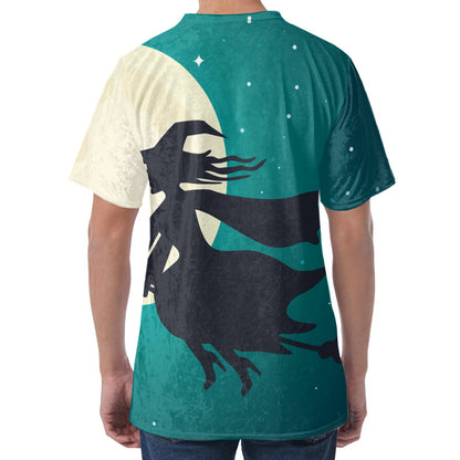 Full Moon Halloween Flying Witch Print Men's Velvet T-Shirt