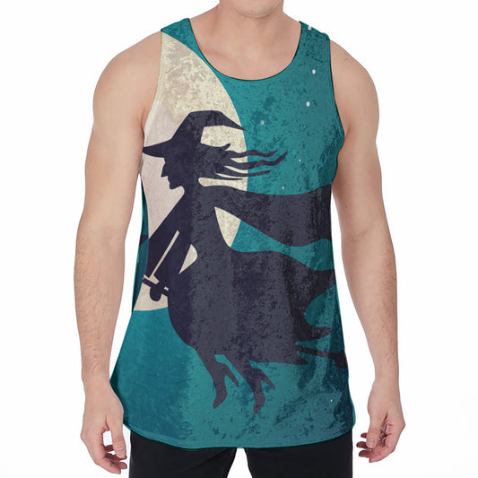 Full Moon Halloween Flying Witch Print Men's Velvet Tank Top