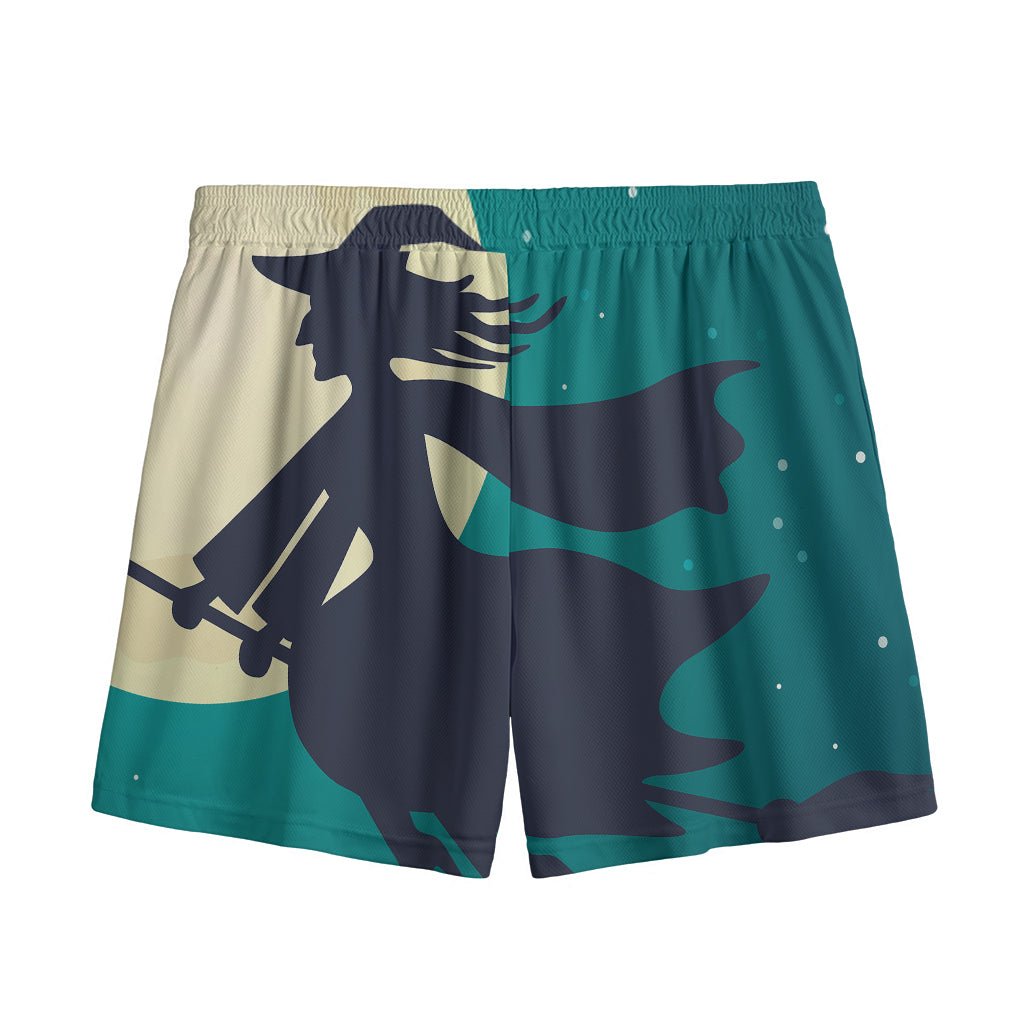 Full Moon Halloween Flying Witch Print Mesh Shorts